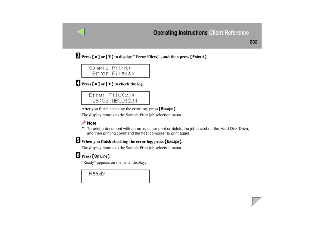 Lanier LP 036c operating instructions Error Files 0652 AB5D1234, 232 