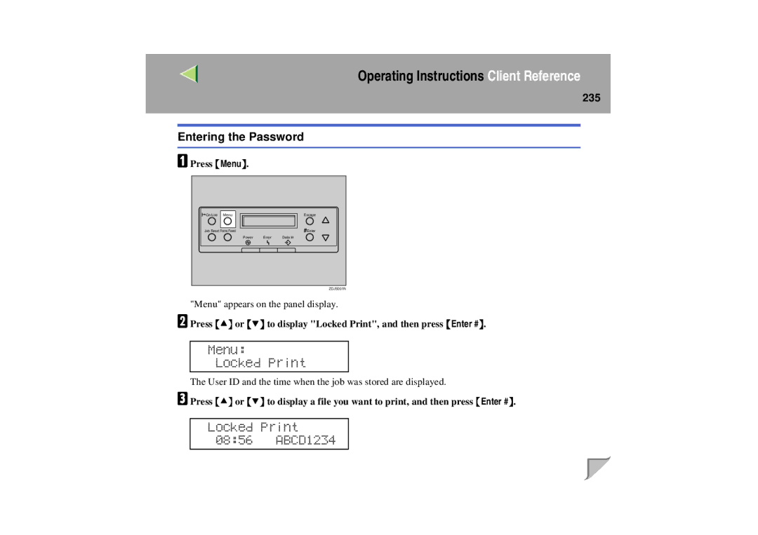 Lanier LP 036c operating instructions Entering the Password, 235 