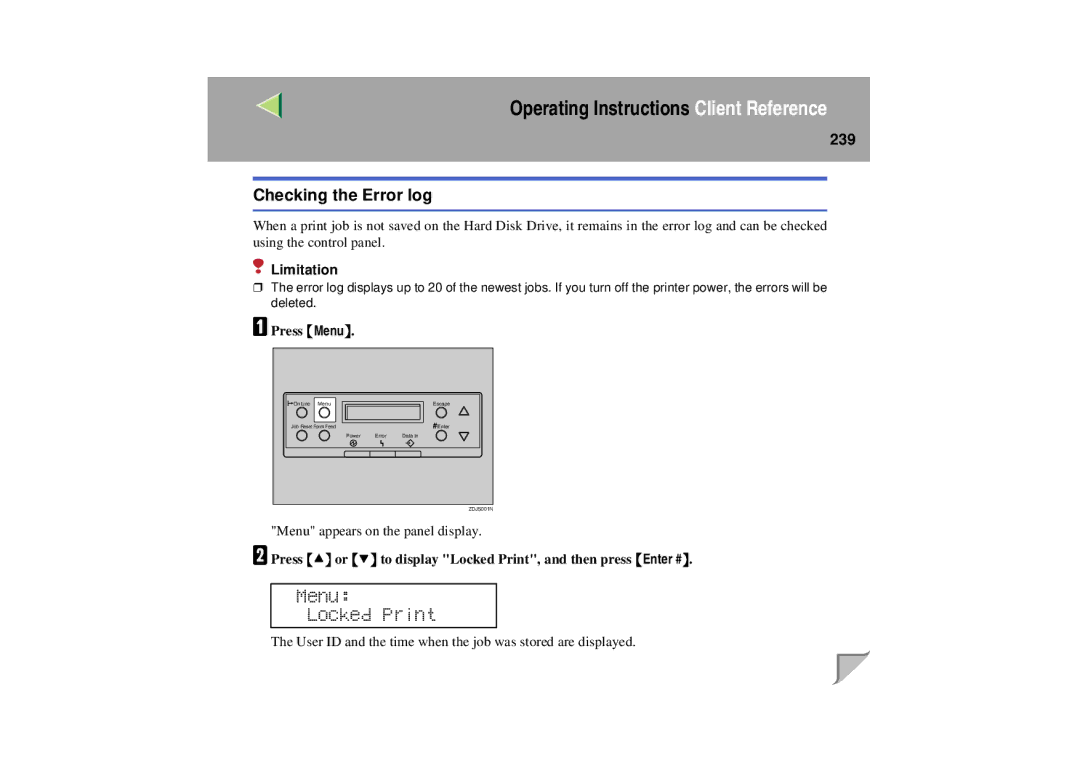 Lanier LP 036c operating instructions Checking the Error log, 239 