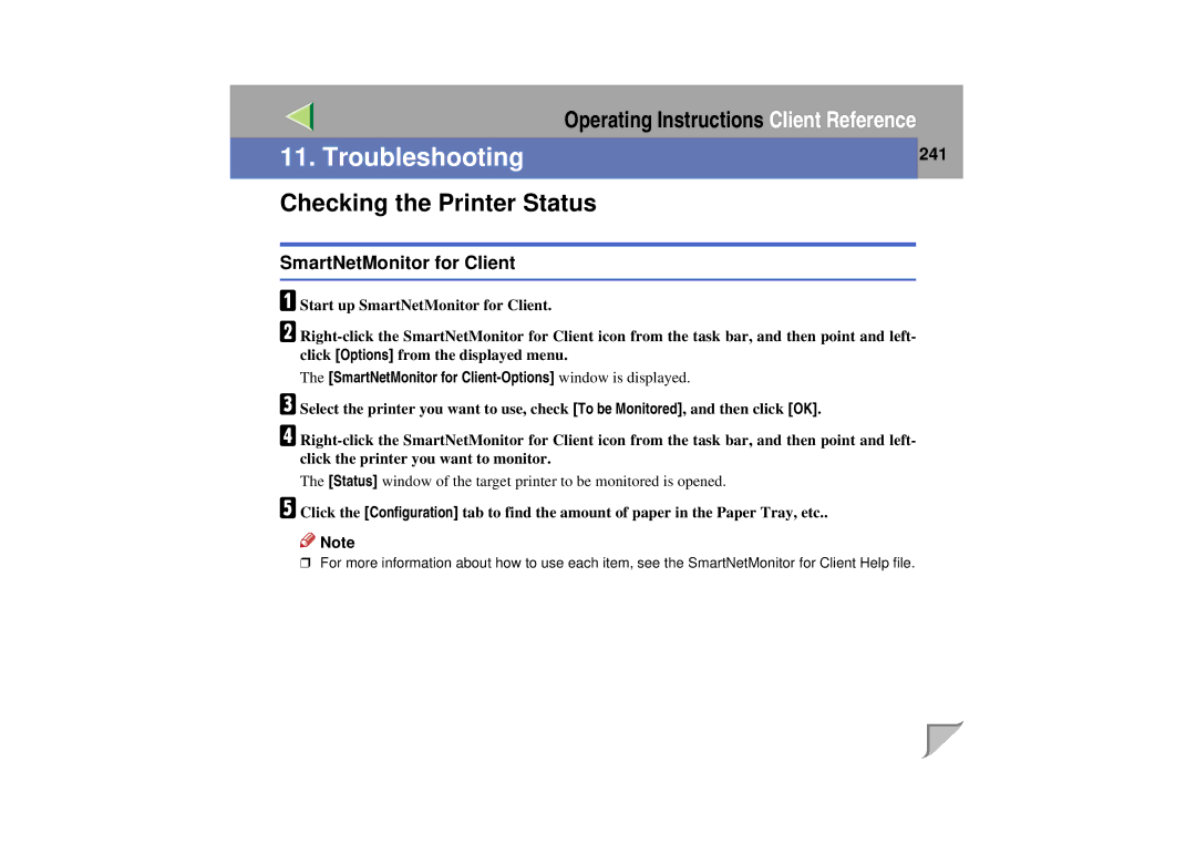 Lanier LP 036c operating instructions Checking the Printer Status, SmartNetMonitor for Client, 241 