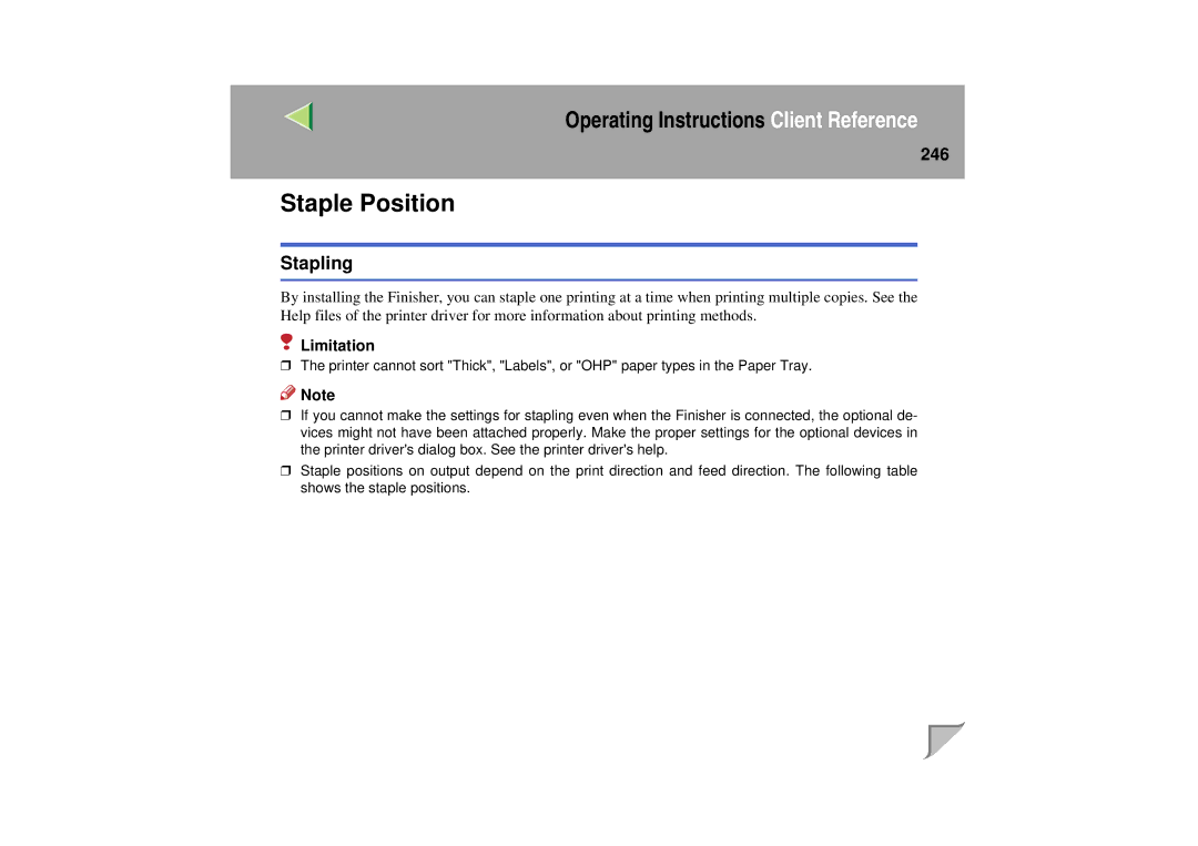 Lanier LP 036c operating instructions Staple Position, Stapling, 246 