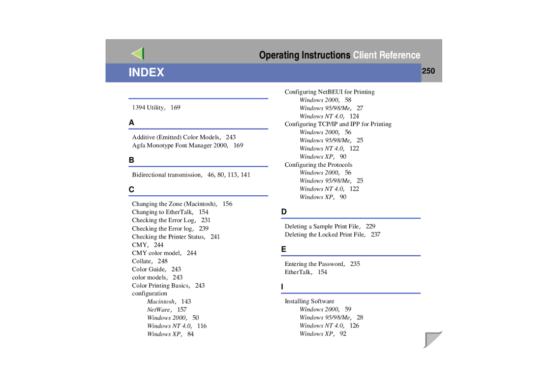 Lanier LP 036c operating instructions Index, 250 