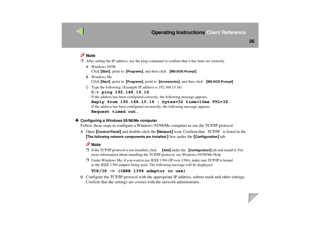 Lanier LP 036c operating instructions Configuring a Windows 95/98/Me computer, TCP/IP Ieee 1394 adaptor in use 