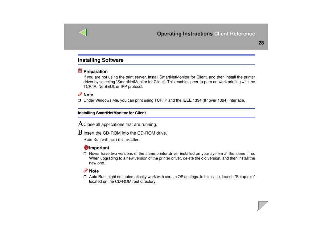 Lanier LP 036c operating instructions Installing Software, Installing SmartNetMonitor for Client 