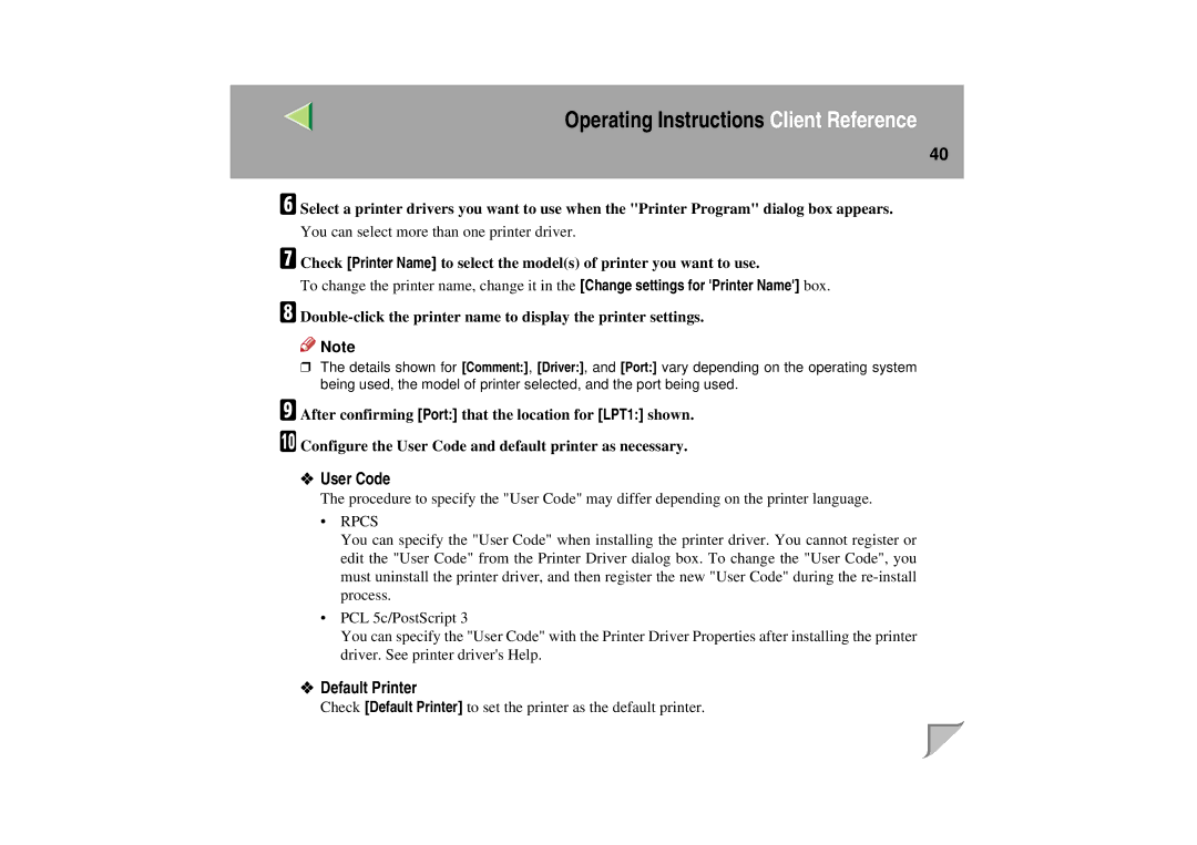 Lanier LP 036c operating instructions User Code 