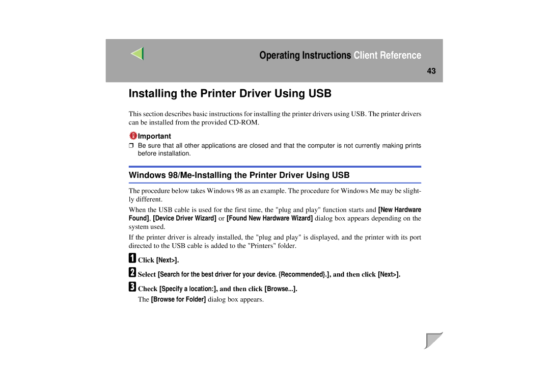 Lanier LP 036c operating instructions Windows 98/Me-Installing the Printer Driver Using USB 