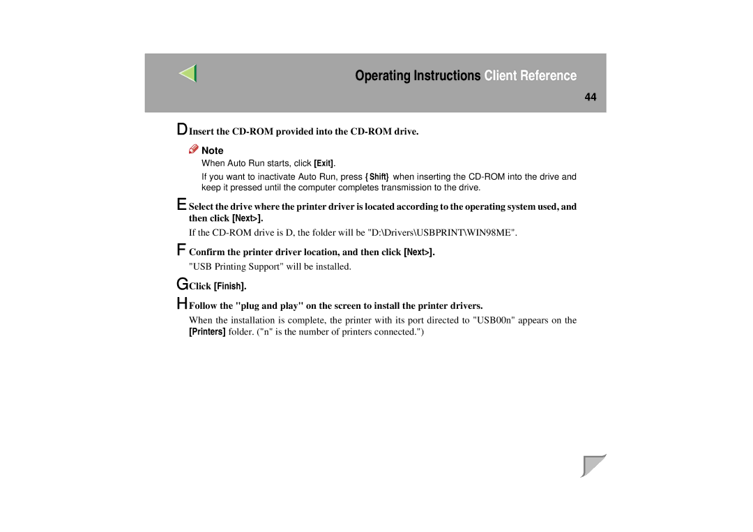 Lanier LP 036c operating instructions Insert the CD-ROM provided into the CD-ROM drive, Click Finish 