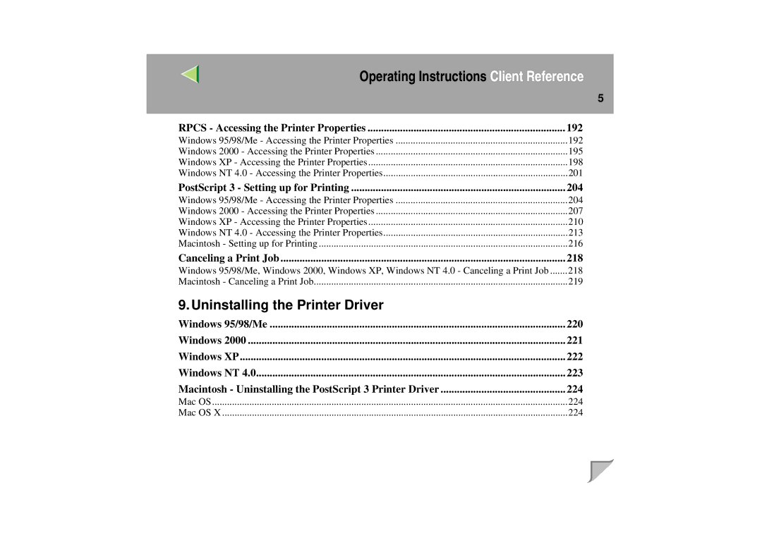 Lanier LP 036c operating instructions Uninstalling the Printer Driver 