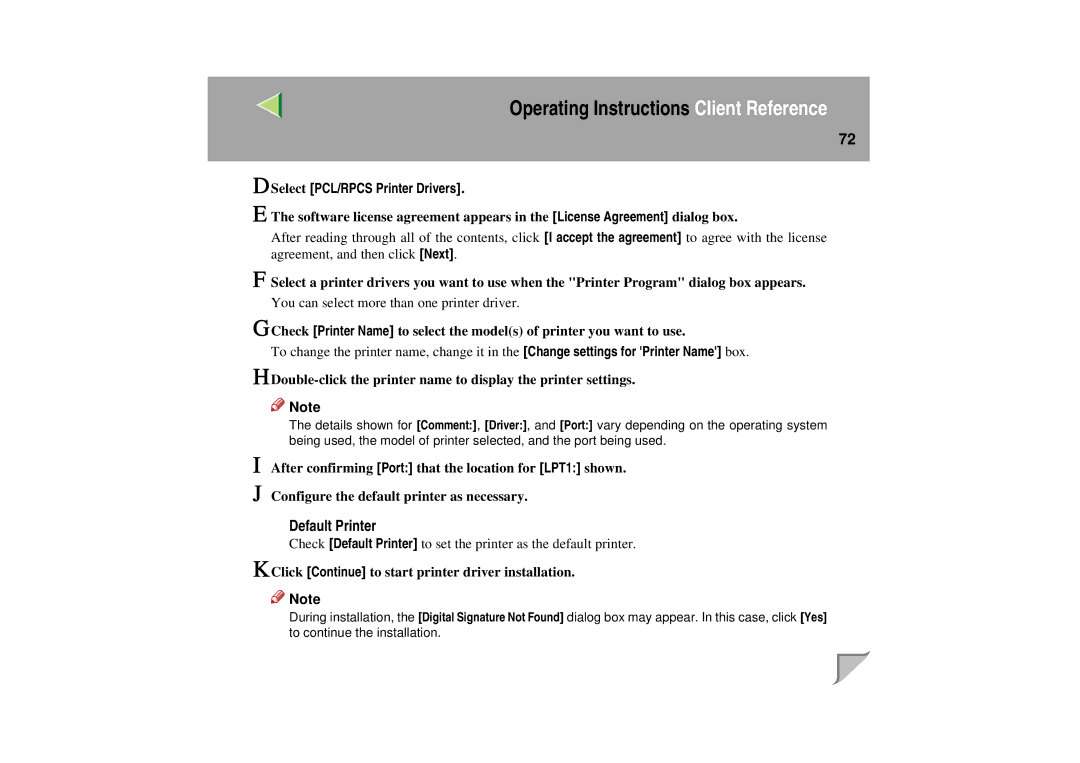 Lanier LP 036c operating instructions Default Printer 