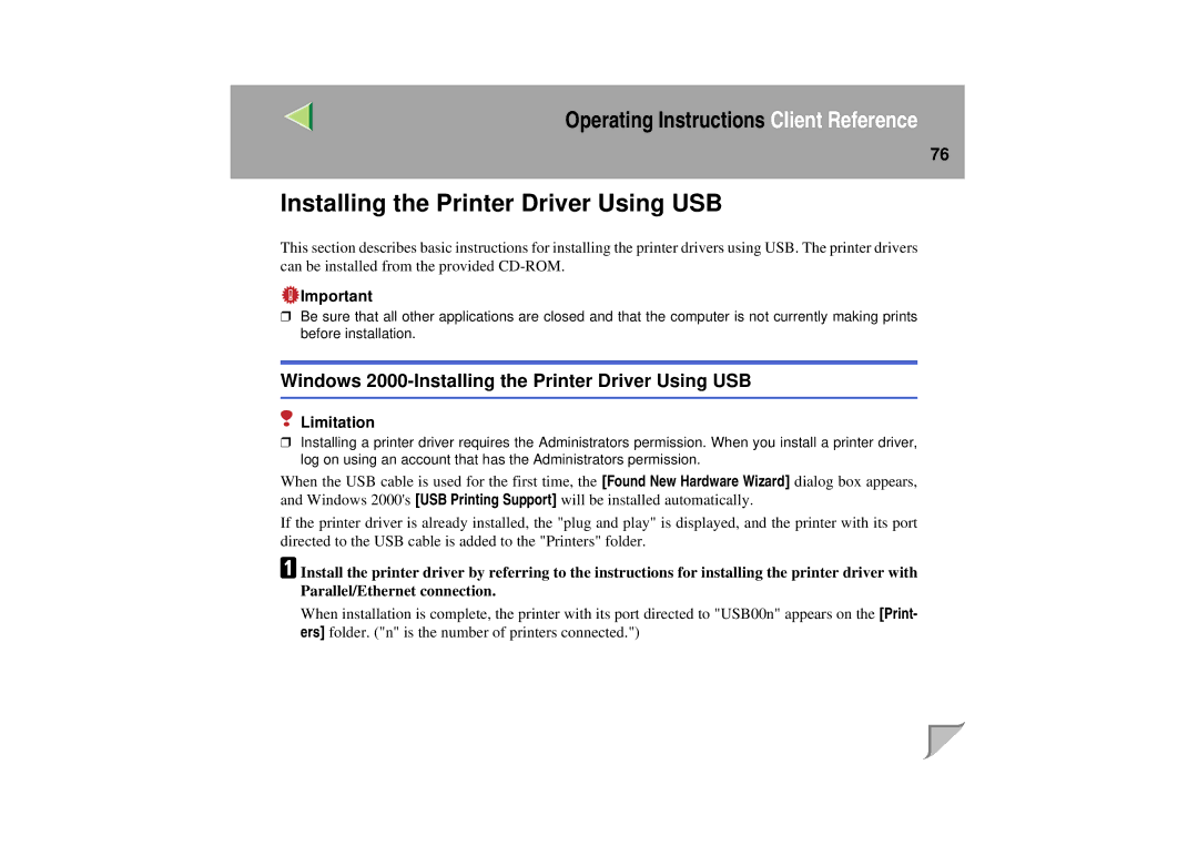 Lanier LP 036c operating instructions Windows 2000-Installing the Printer Driver Using USB 