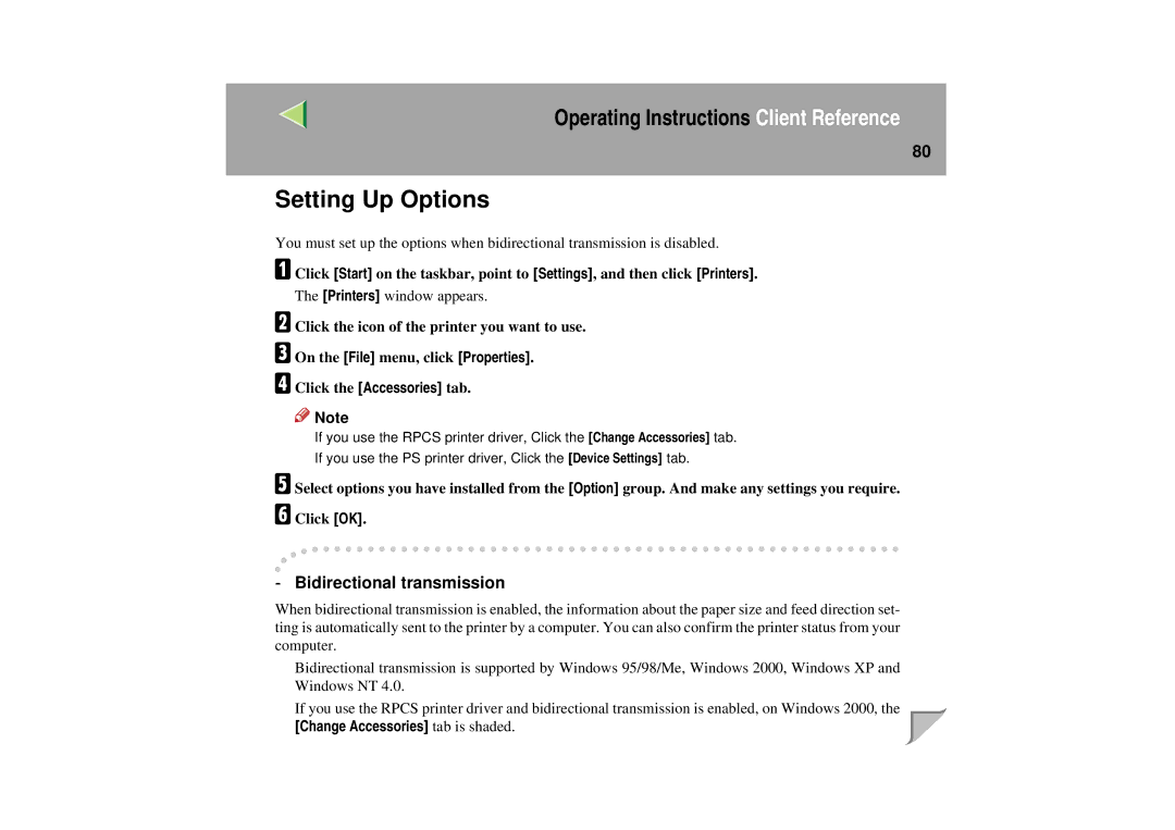 Lanier LP 036c operating instructions Setting Up Options, Change Accessories tab is shaded 