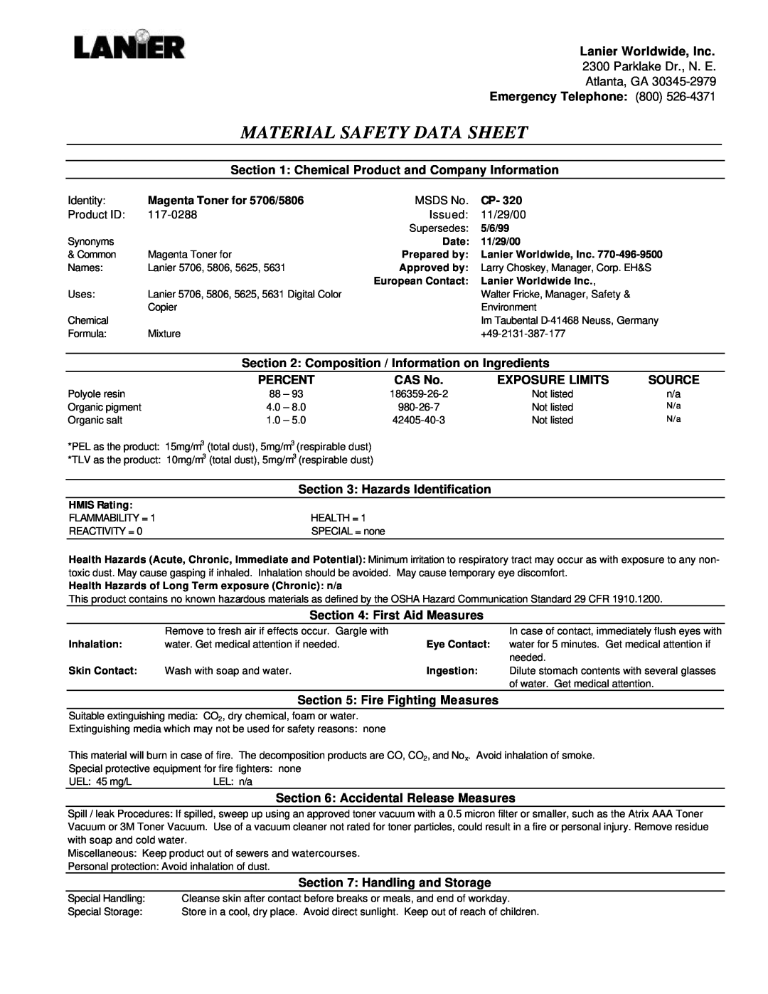 Lanier M1D manual Material Safety Data Sheet 