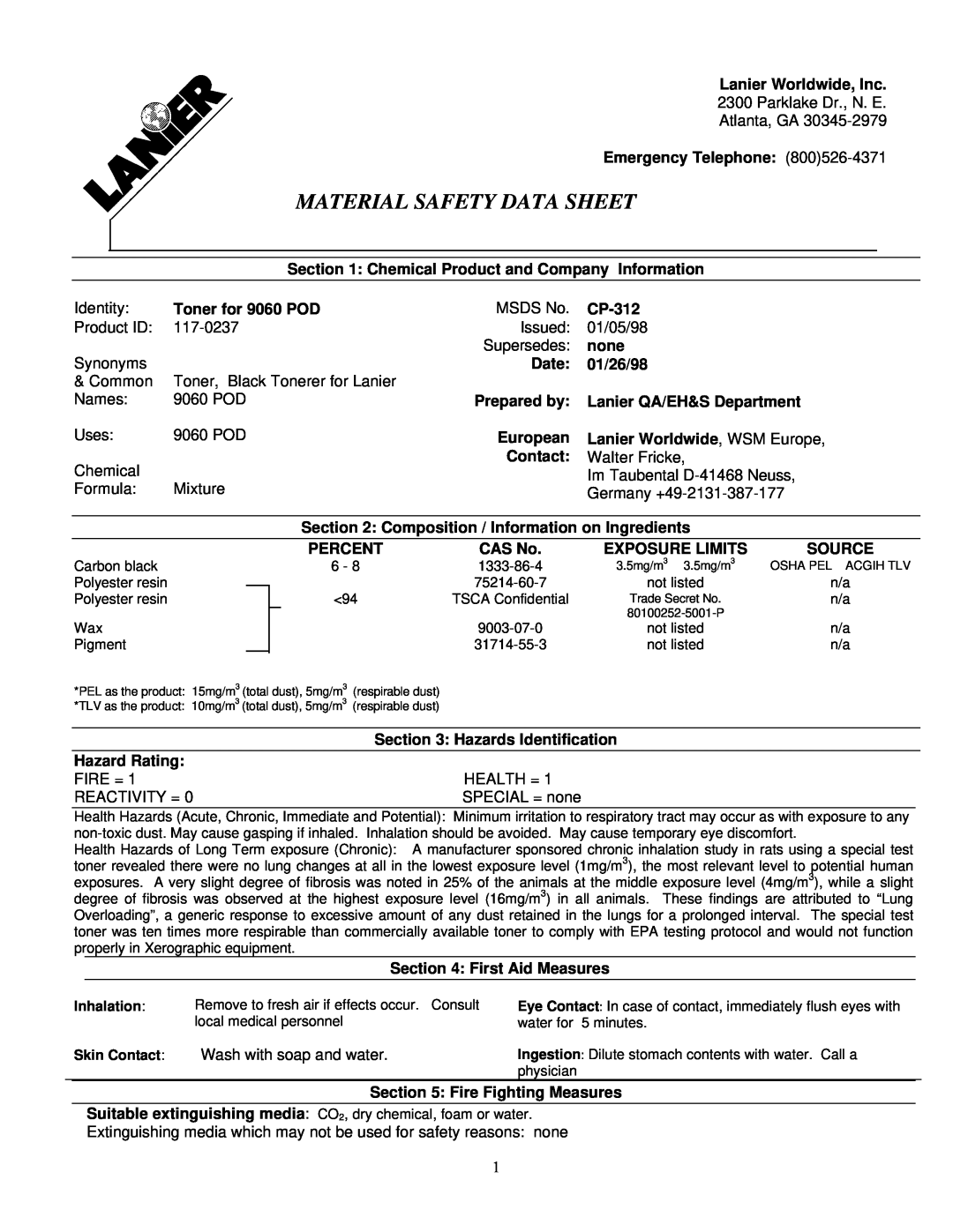 Lanier PSW-6 manual Material Safety Data Sheet 