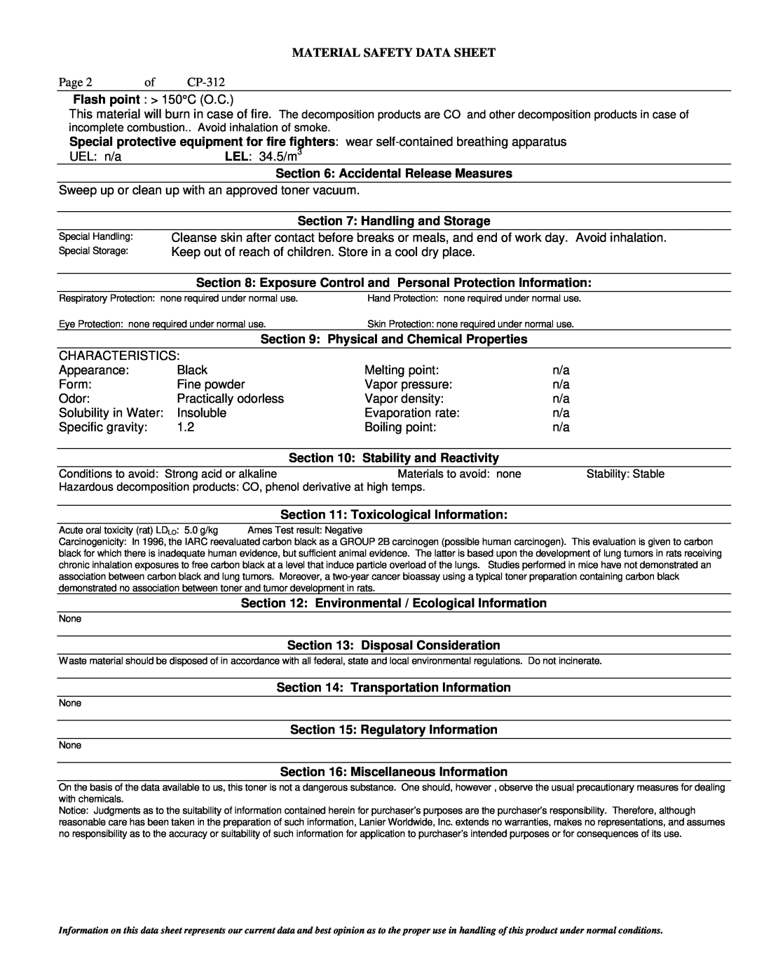 Lanier PSW-6 manual Material Safety Data Sheet, Accidental Release Measures 