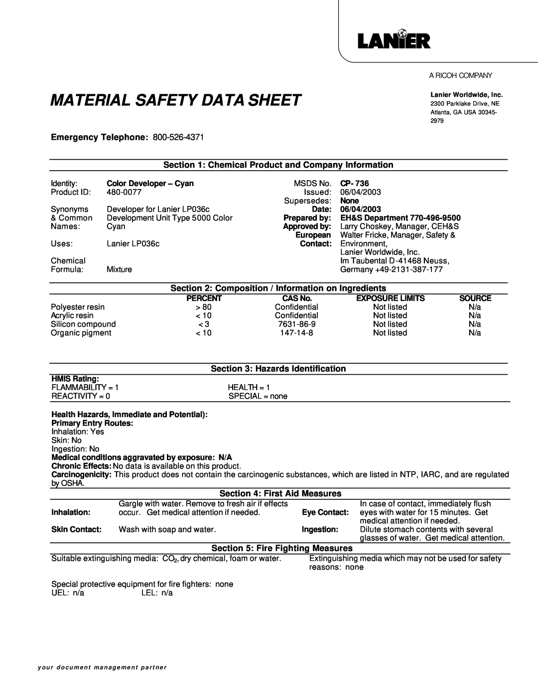 Lanier RS232 manual Material Safety Data Sheet, Emergency Telephone, Hazards Identification, First Aid Measures 