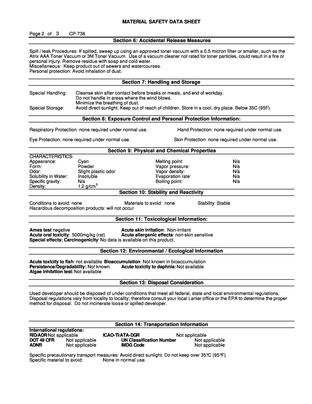 Lanier RS232 manual Material Safety Data Sheet 