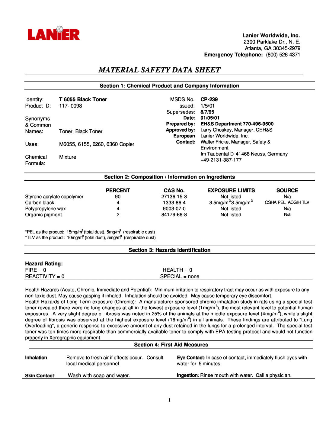Lanier T 6055 manual Material Safety Data Sheet 