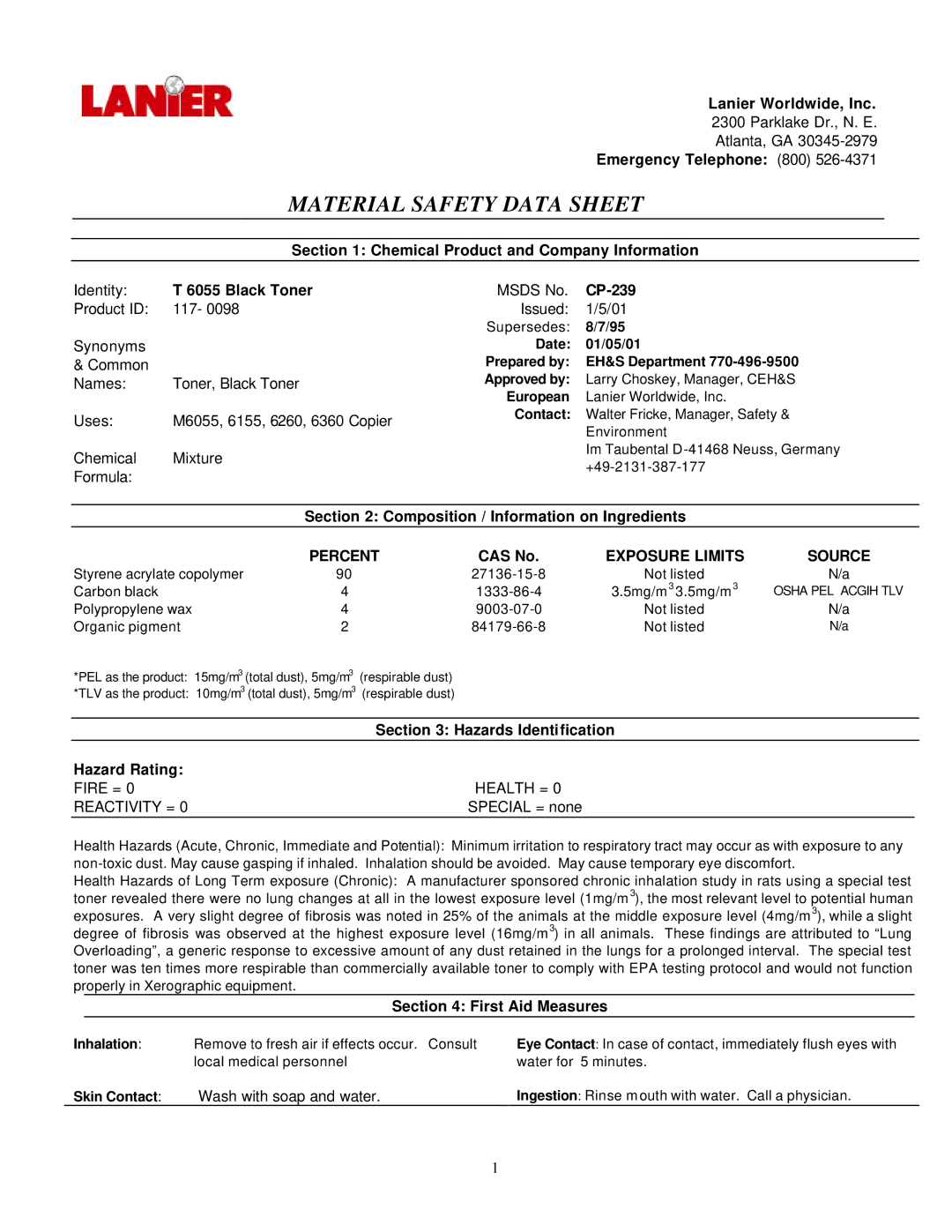 Lanier T 6055 manual Lanier Worldwide, Inc, Emergency Telephone 800, Chemical Product and Company Information, Black Toner 