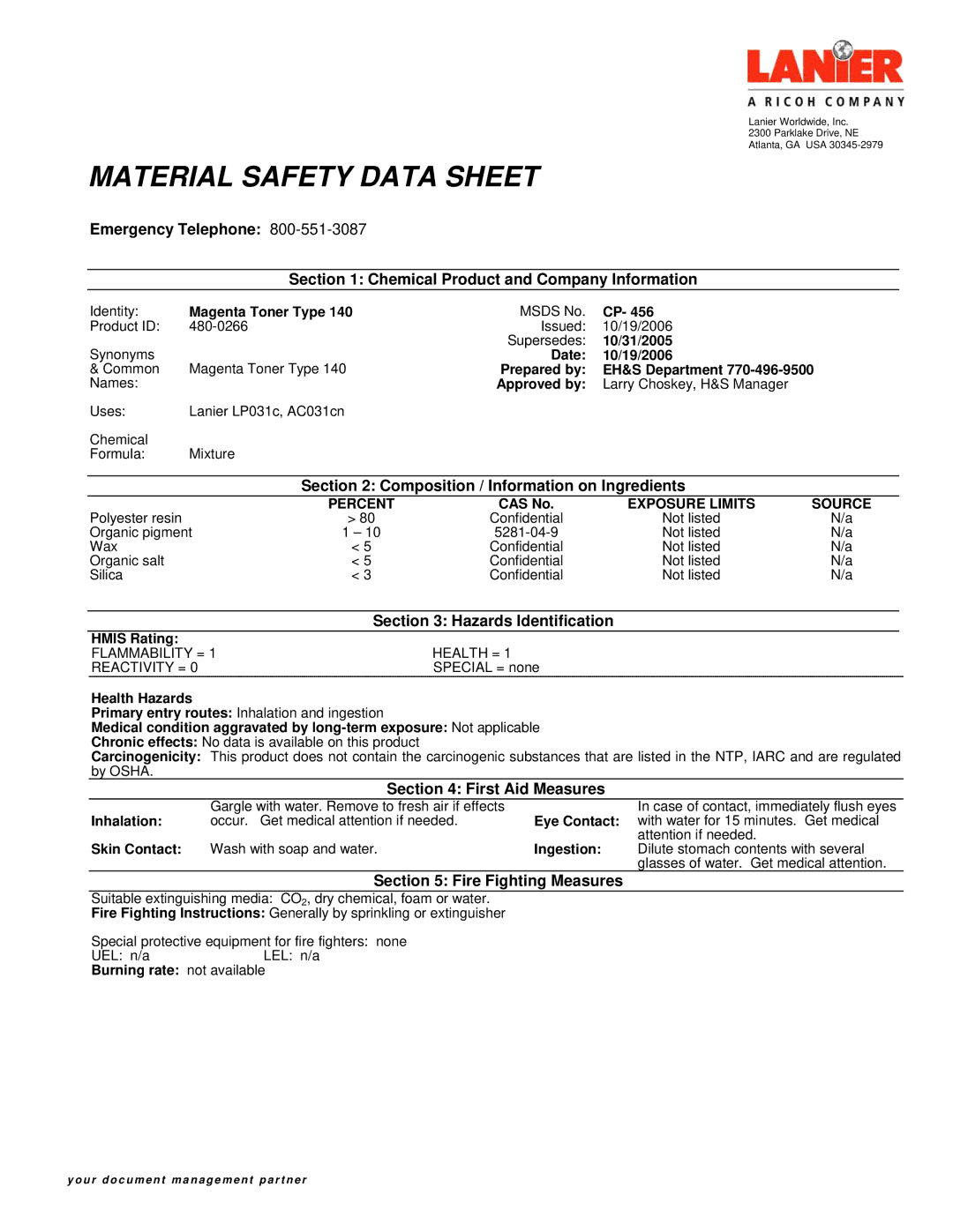 Lanier TYPE 140 manual Composition / Information on Ingredients, Hazards Identification, First Aid Measures 