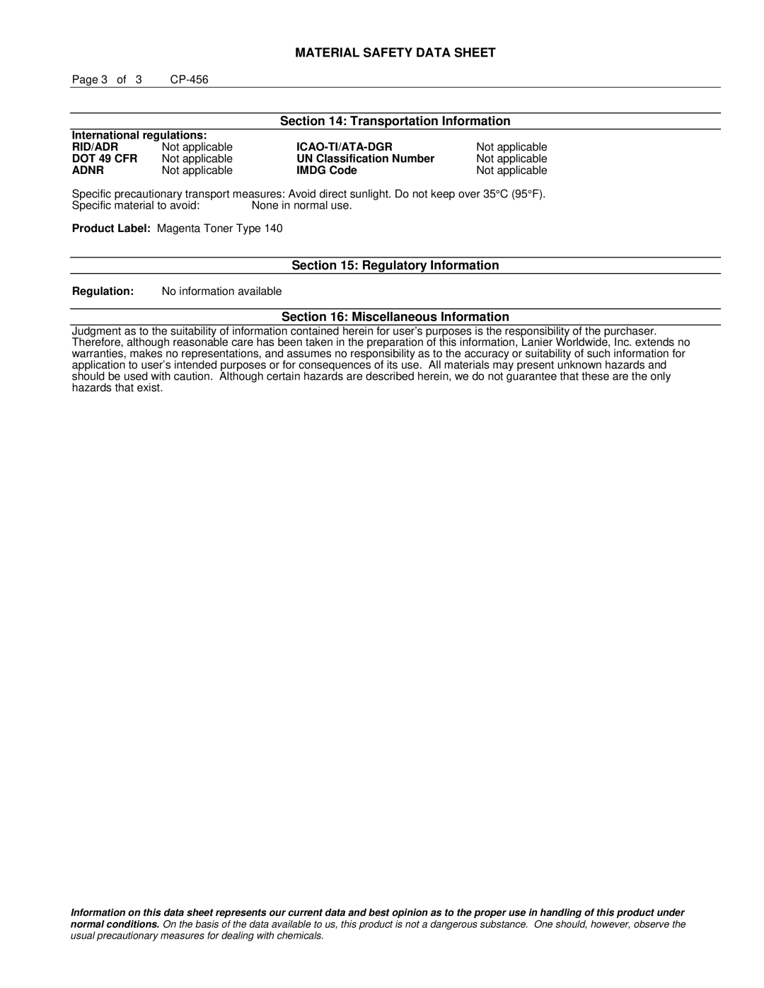 Lanier TYPE 140 manual Transportation Information, Regulatory Information, Miscellaneous Information 