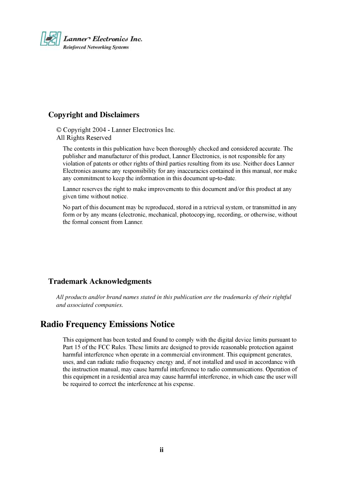 Lanner electronic FW-6420 manual Radio Frequency Emissions Notice, Copyright and Disclaimers, Trademark Acknowledgments 