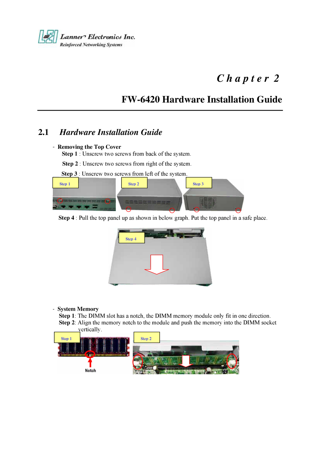 Lanner electronic manual FW-6420 Hardware Installation Guide, Removing the Top Cover, System Memory 