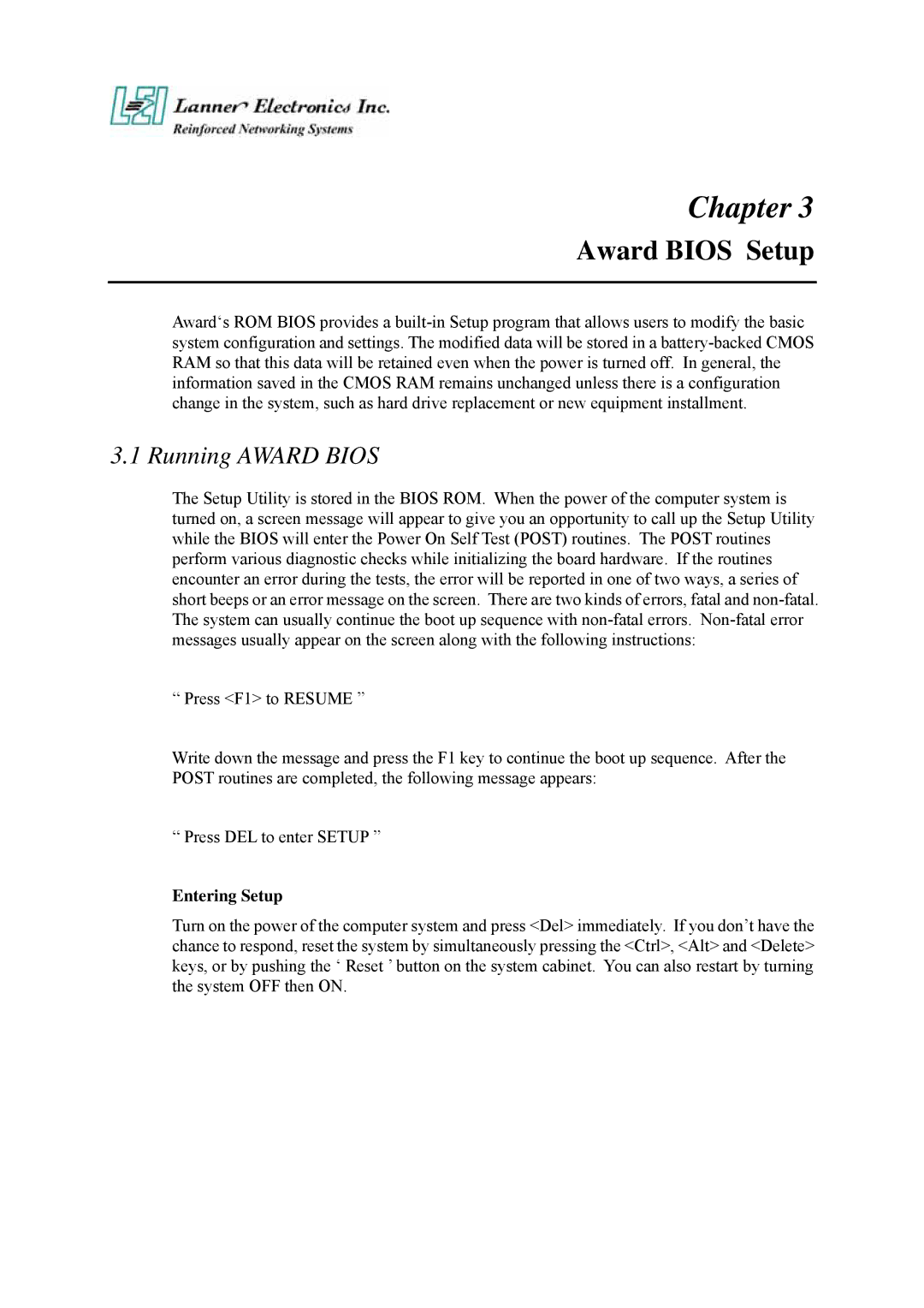 Lanner electronic FW-6420 manual Award Bios Setup, Running Award Bios, Entering Setup 