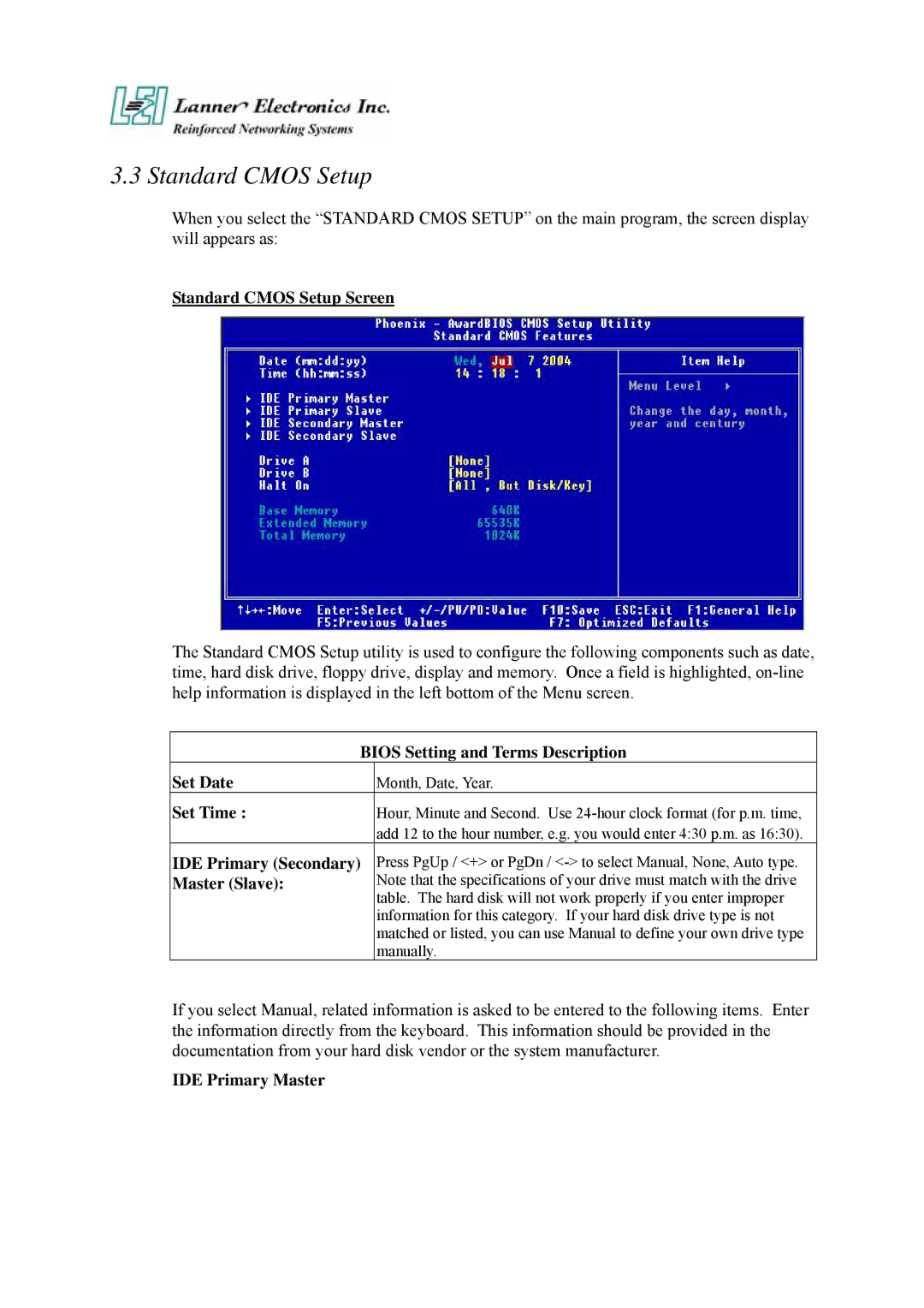 Lanner electronic FW-6420 manual Standard Cmos Setup 