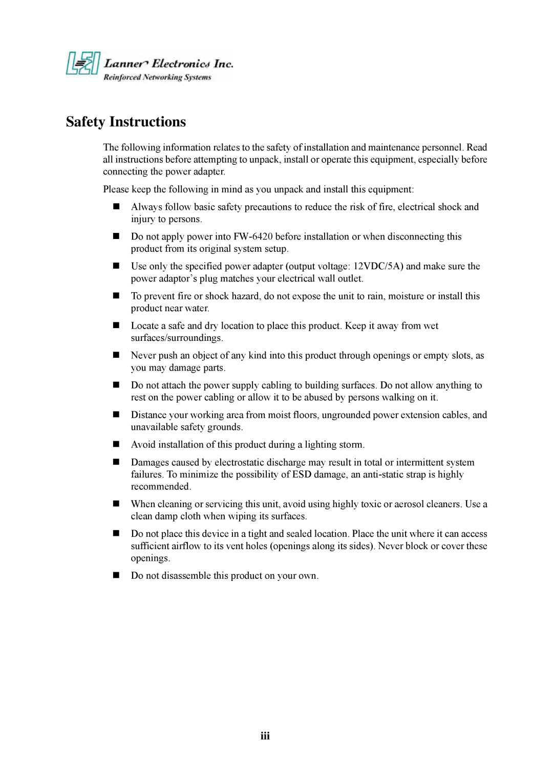 Lanner electronic FW-6420 manual Safety Instructions 