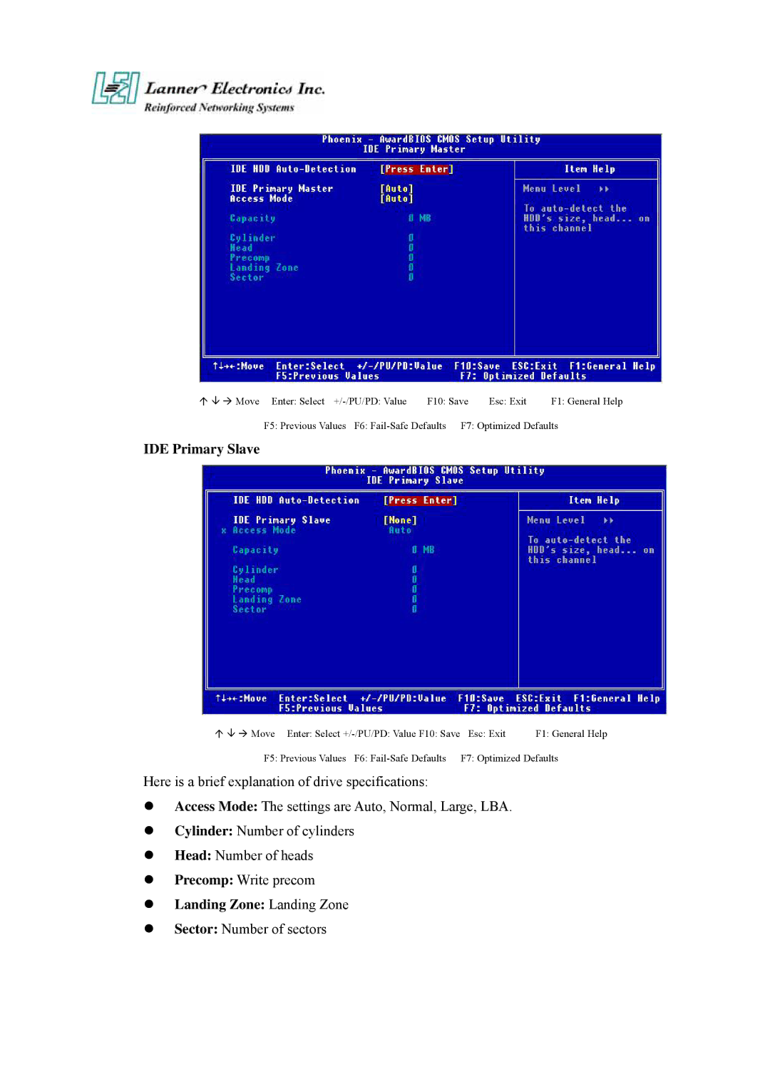 Lanner electronic FW-6420 manual IDE Primary Slave, Landing Zone Landing Zone 