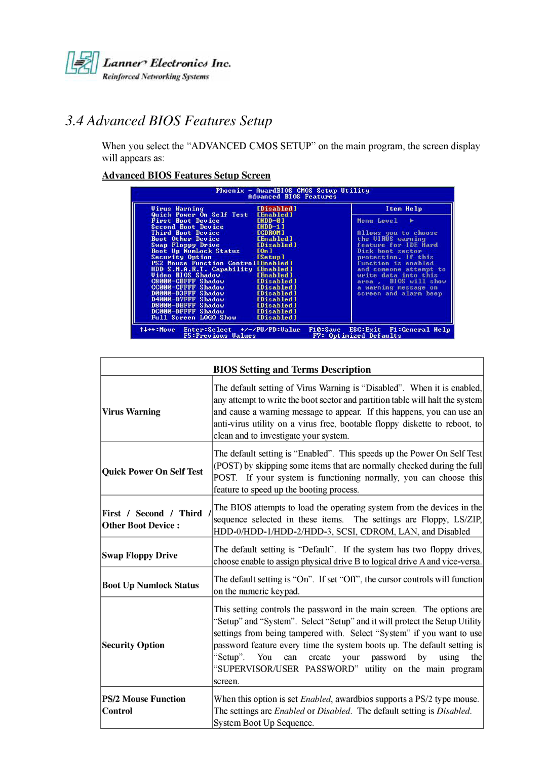 Lanner electronic FW-6420 manual Advanced Bios Features Setup 