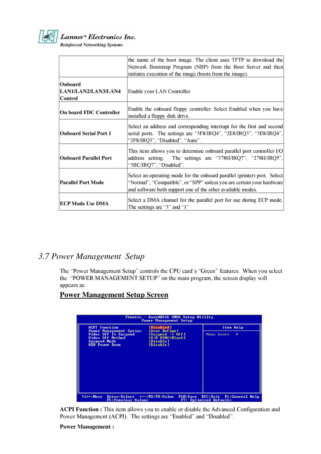 Lanner electronic FW-6420 manual Power Management Setup Screen 