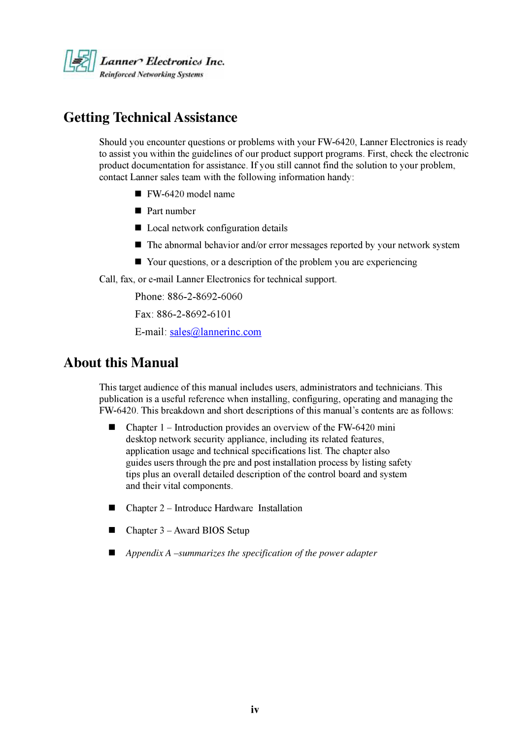 Lanner electronic FW-6420 manual Getting Technical Assistance, About this Manual 