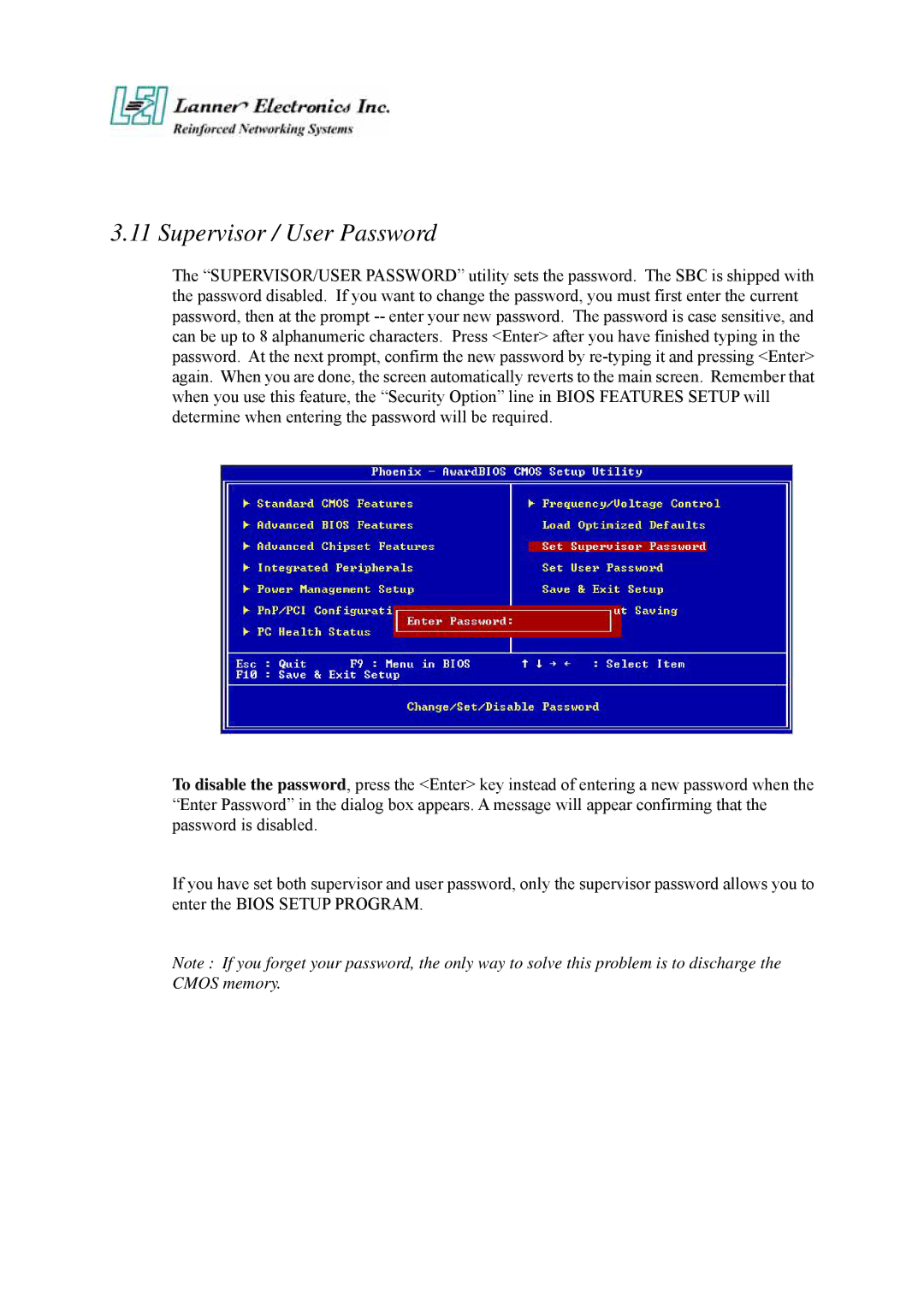 Lanner electronic FW-6420 manual Supervisor / User Password 