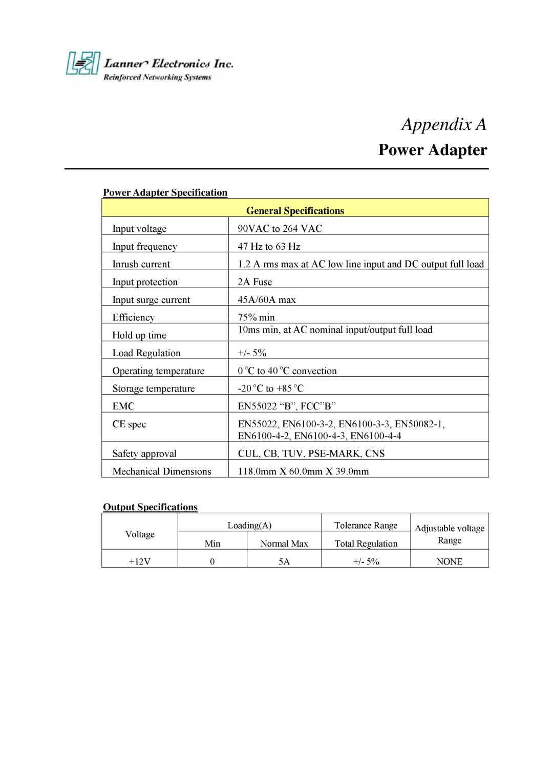 Lanner electronic FW-6420 manual Power Adapter, General Specifications, Output Specifications 