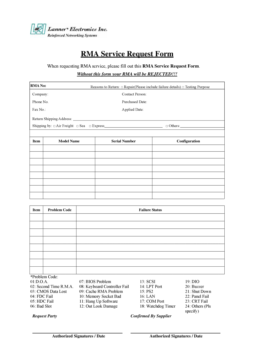 Lanner electronic FW-6420 manual RMA Service Request Form, Authorized Signatures / Date 