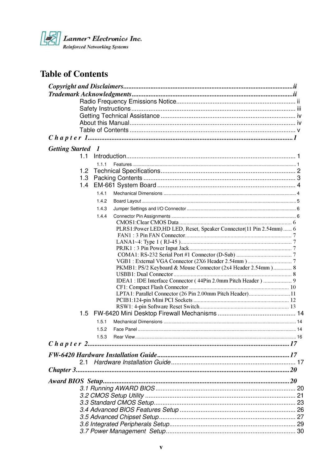 Lanner electronic FW-6420 manual Table of Contents 