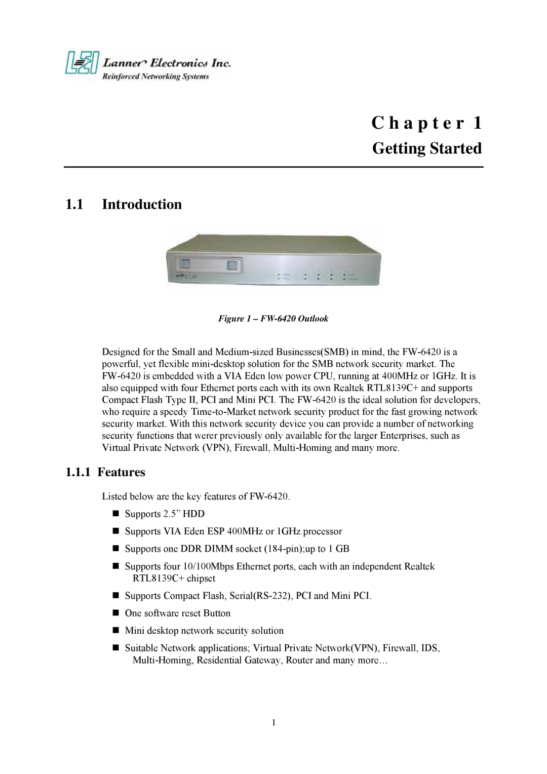 Lanner electronic FW-6420 manual Getting Started, Introduction, Features 