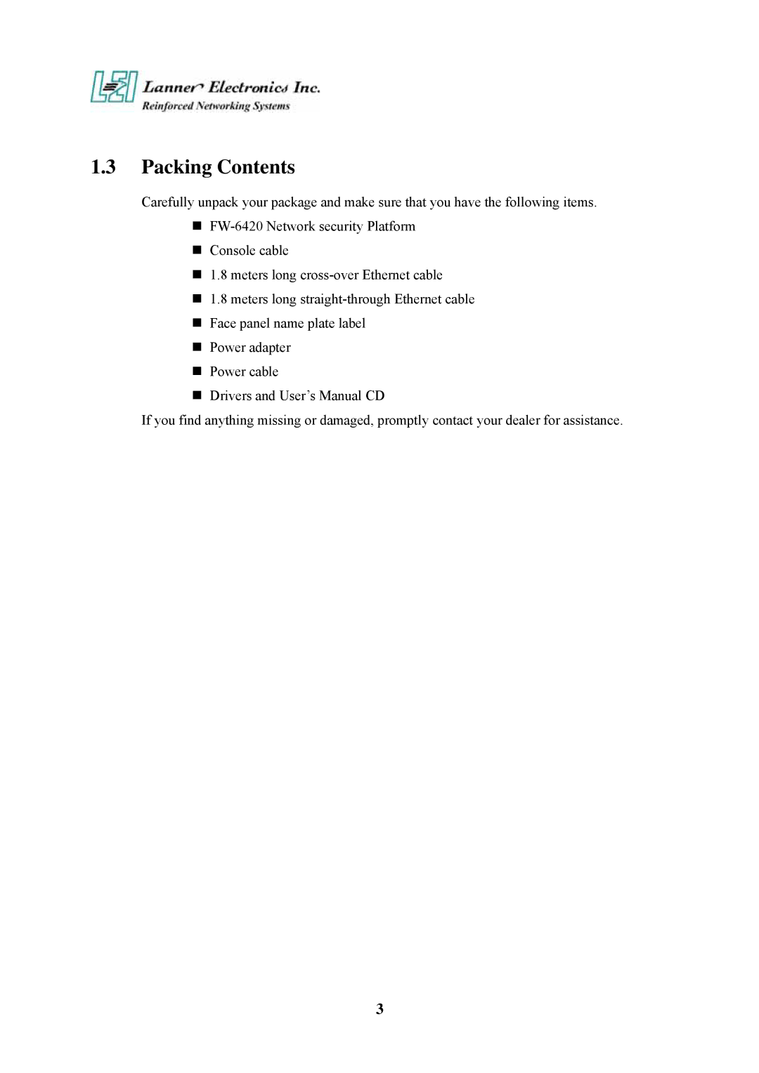 Lanner electronic FW-6420 manual Packing Contents 