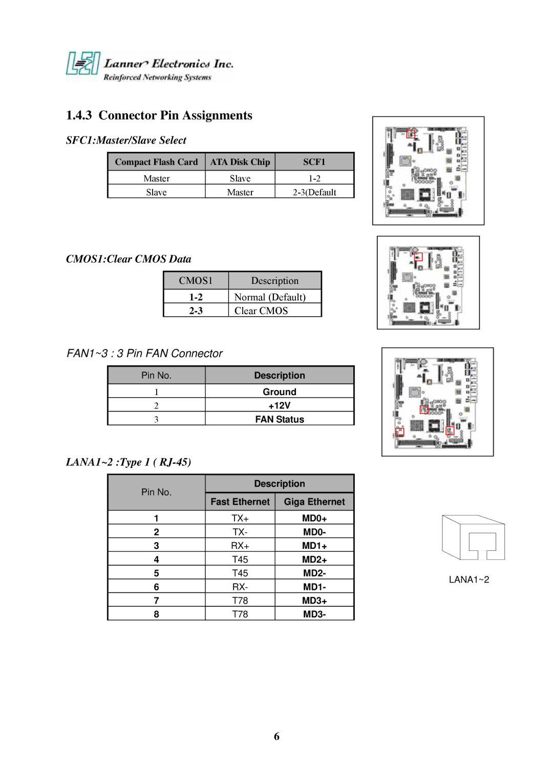 Lanner electronic FW-7650 Connector Pin Assignments, SFC1Master/Slave Select, CMOS1Clear Cmos Data, LANA1~2 Type 1 RJ-45 