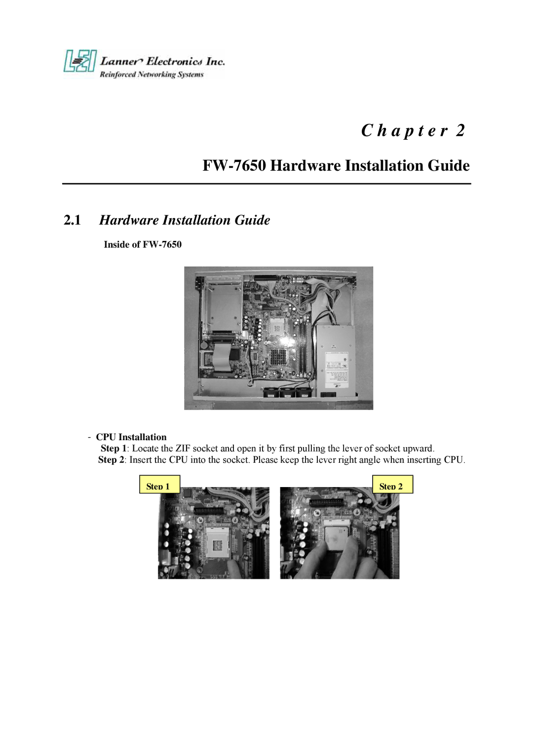 Lanner electronic manual FW-7650 Hardware Installation Guide, Inside of FW-7650 CPU Installation 