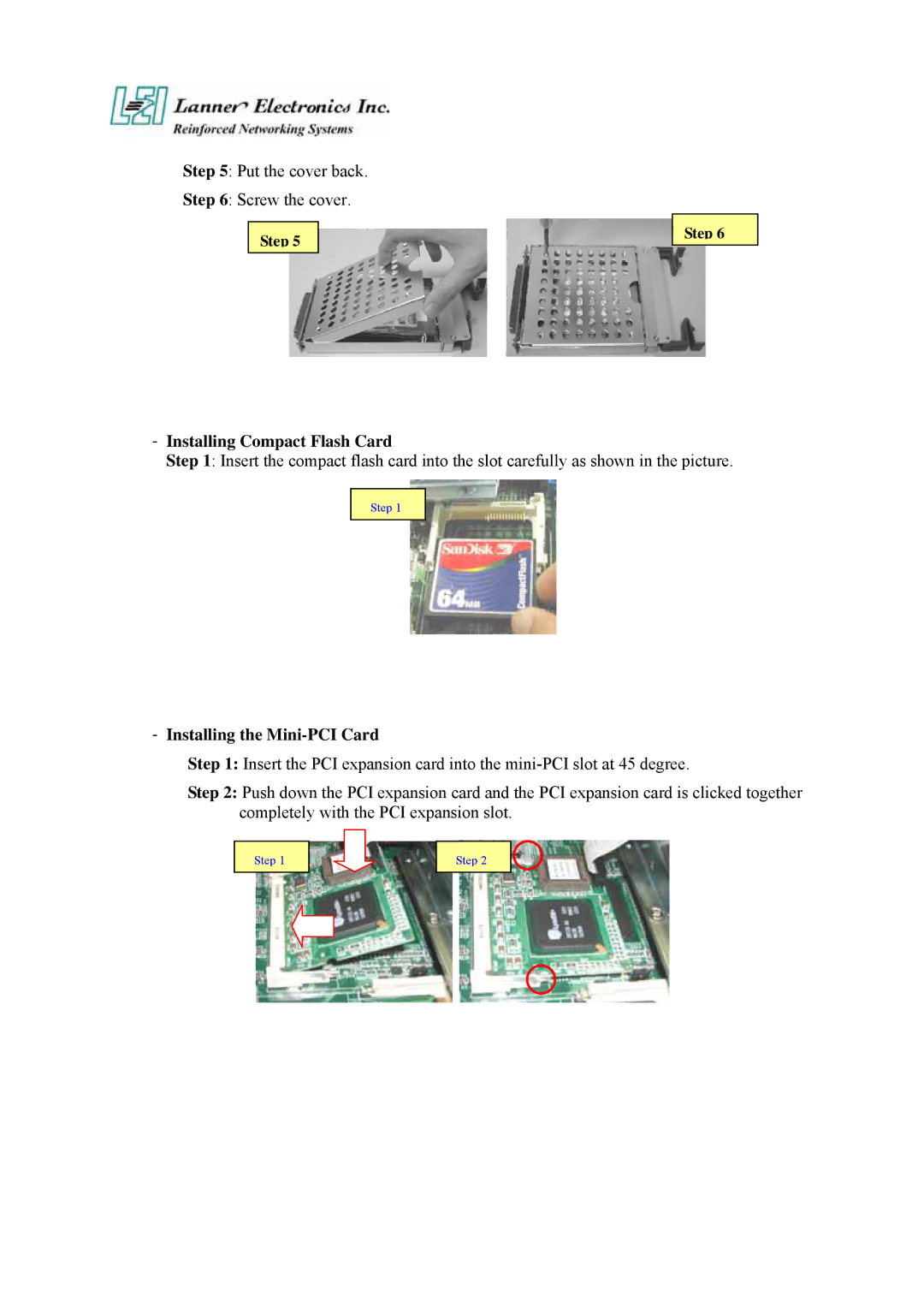 Lanner electronic FW-7650 manual Installing Compact Flash Card, Installing the Mini-PCI Card 