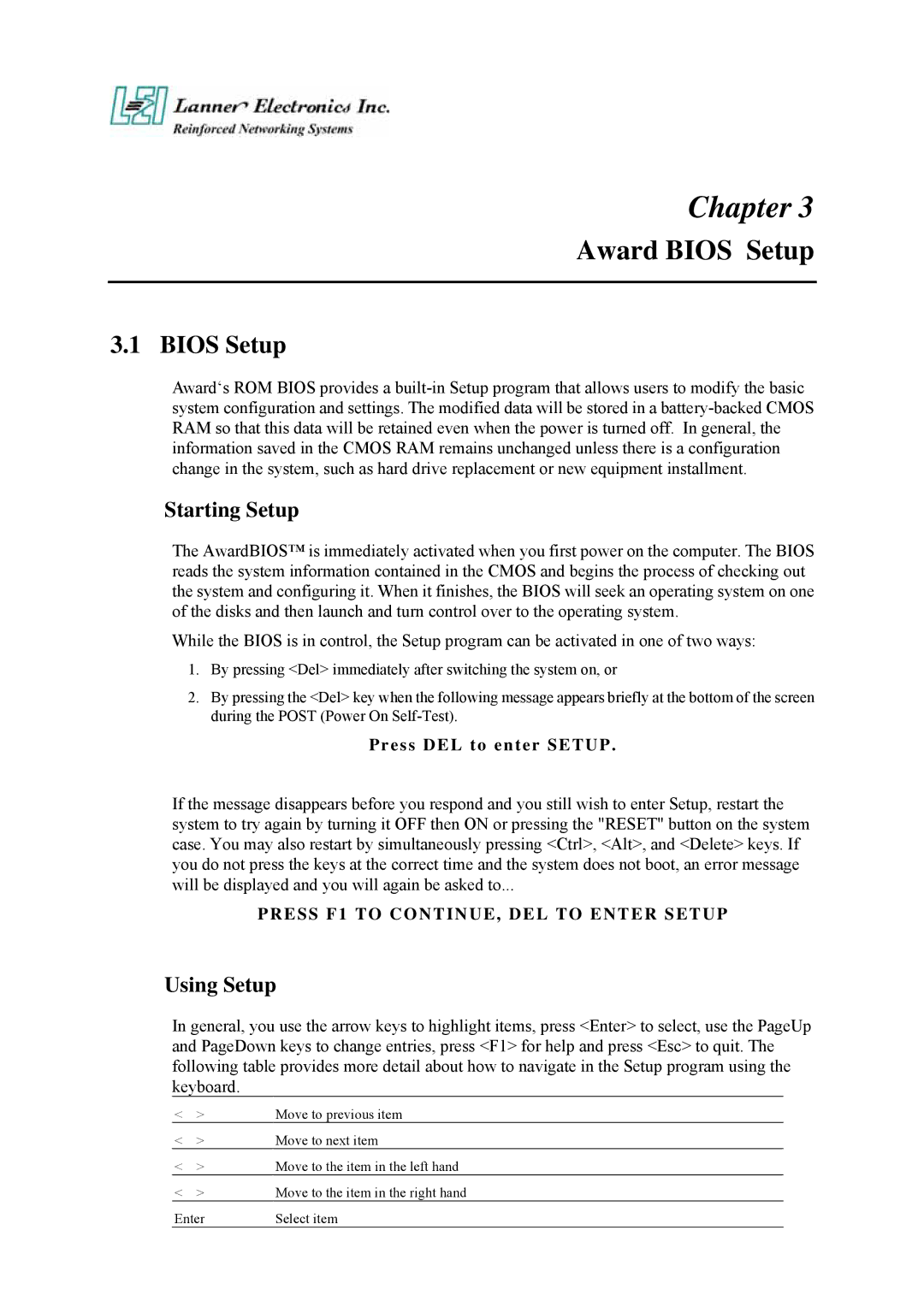 Lanner electronic FW-7650 manual Award Bios Setup, Starting Setup, Using Setup, Press DEL to enter Setup 