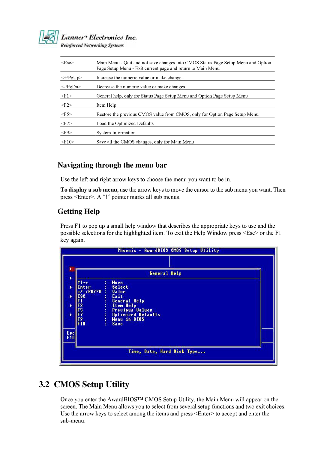 Lanner electronic FW-7650 manual Cmos Setup Utility, Navigating through the menu bar, Getting Help 