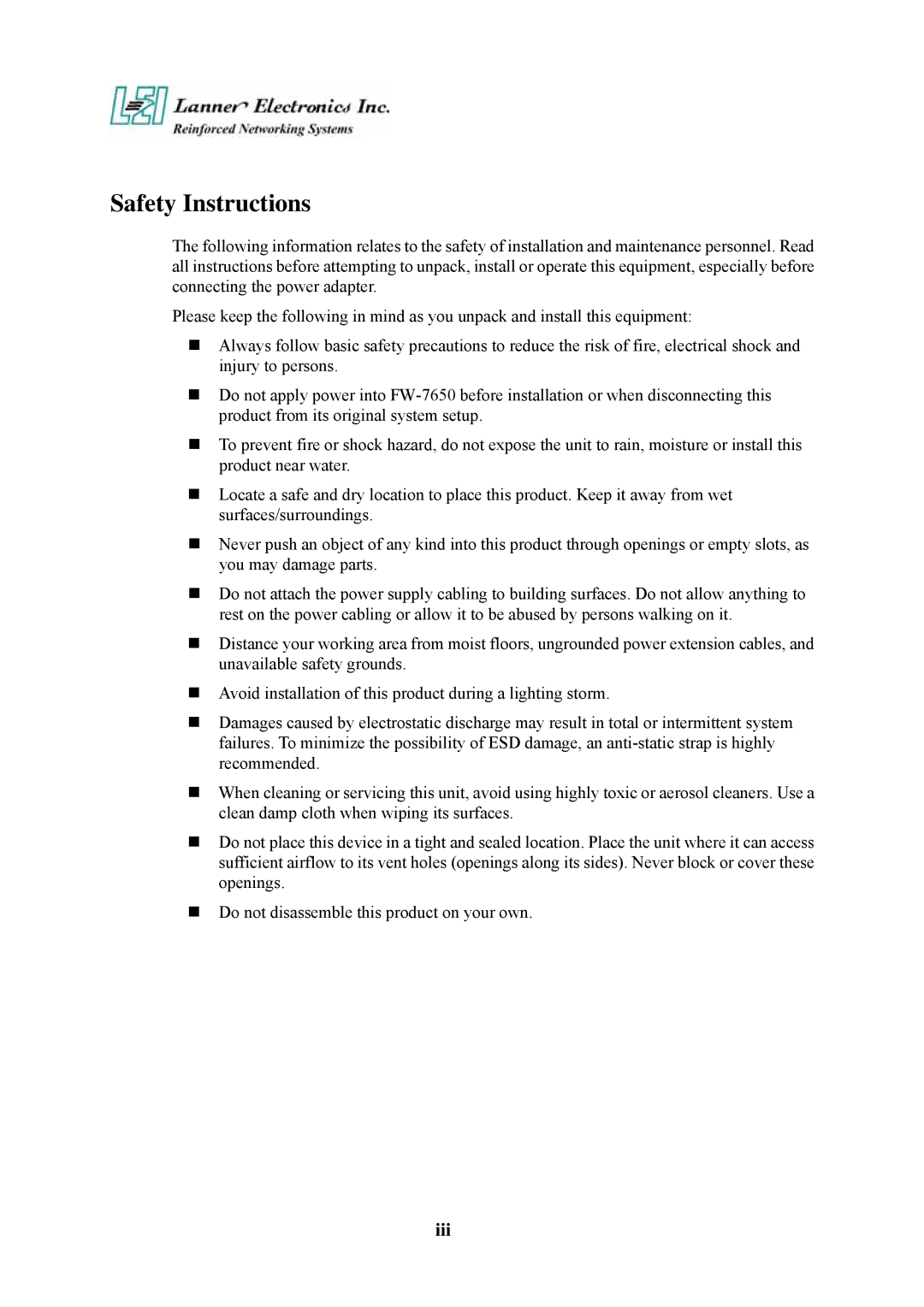 Lanner electronic FW-7650 manual Safety Instructions 