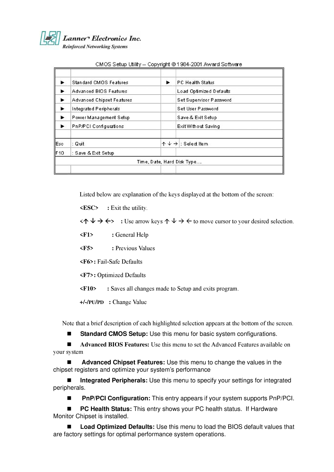 Lanner electronic FW-7650 manual General Help, Previous Values, F6 Fail-Safe Defaults, F7 Optimized Defaults, F10 