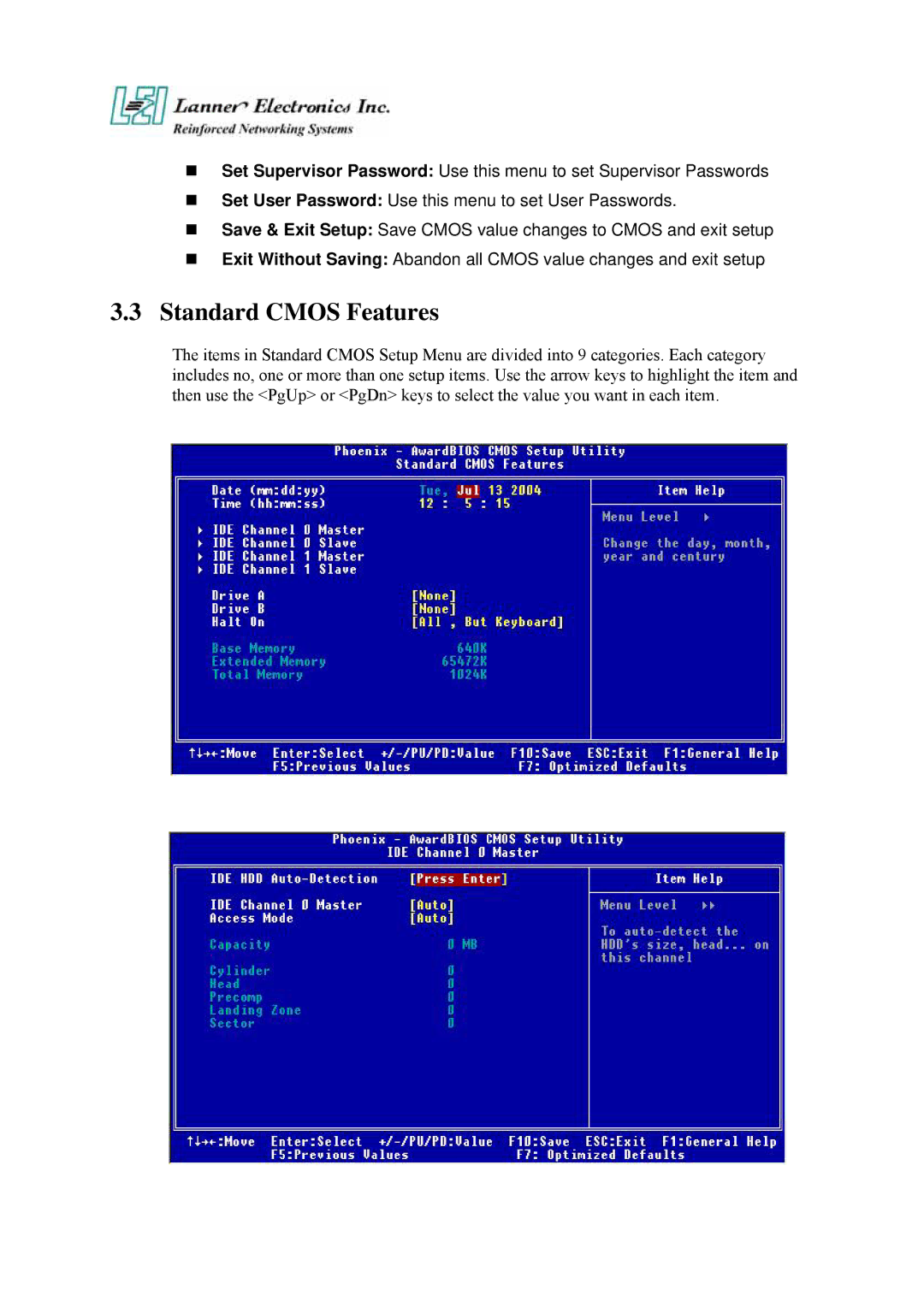 Lanner electronic FW-7650 manual Standard Cmos Features 