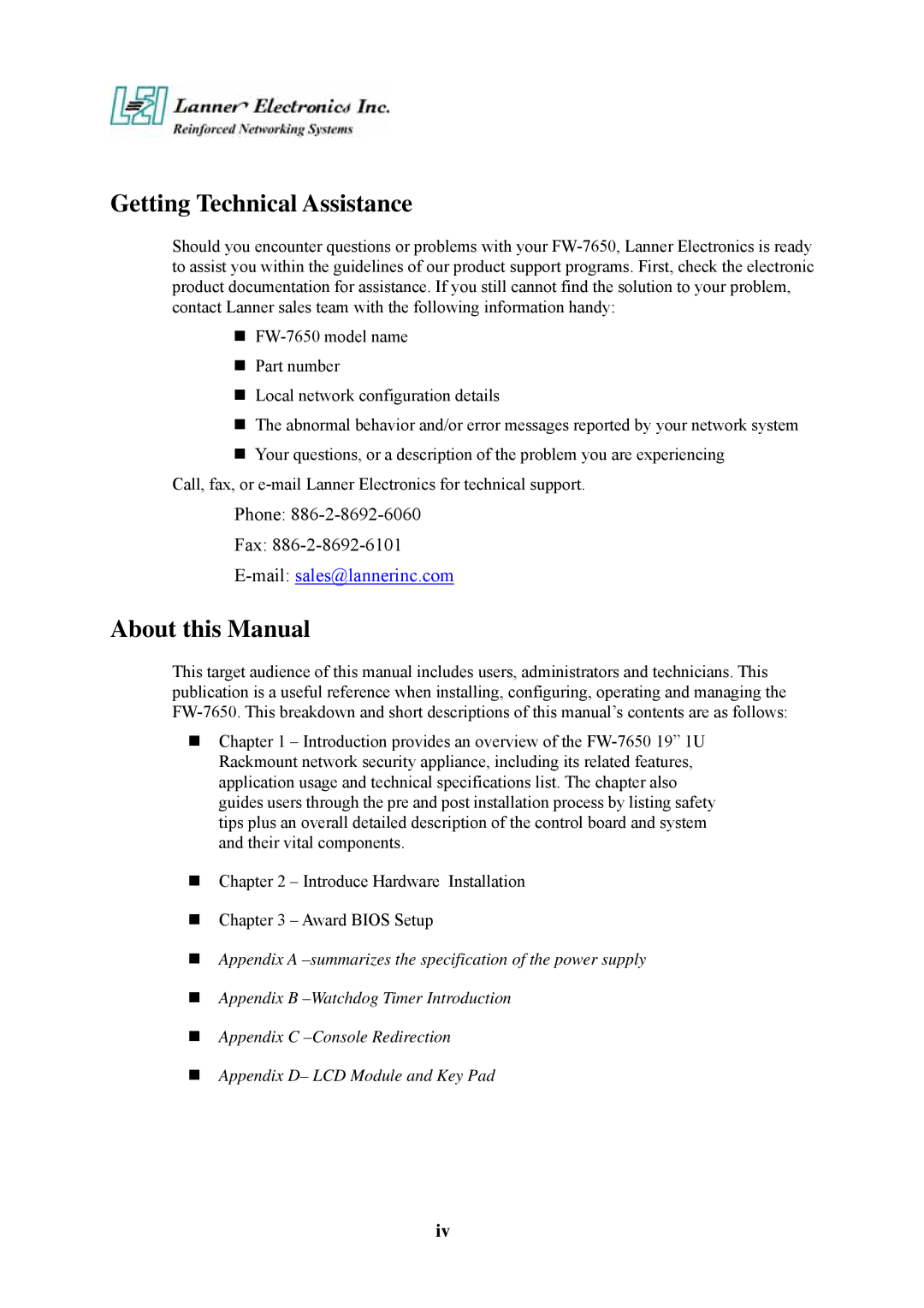 Lanner electronic FW-7650 manual Getting Technical Assistance, About this Manual 