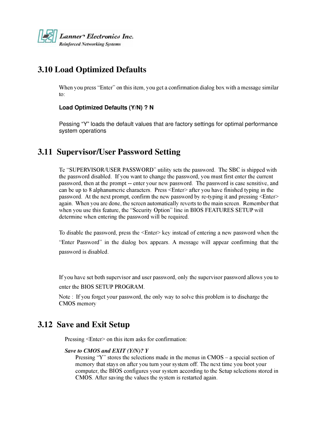 Lanner electronic FW-7650 manual Load Optimized Defaults, Supervisor/User Password Setting, Save and Exit Setup 