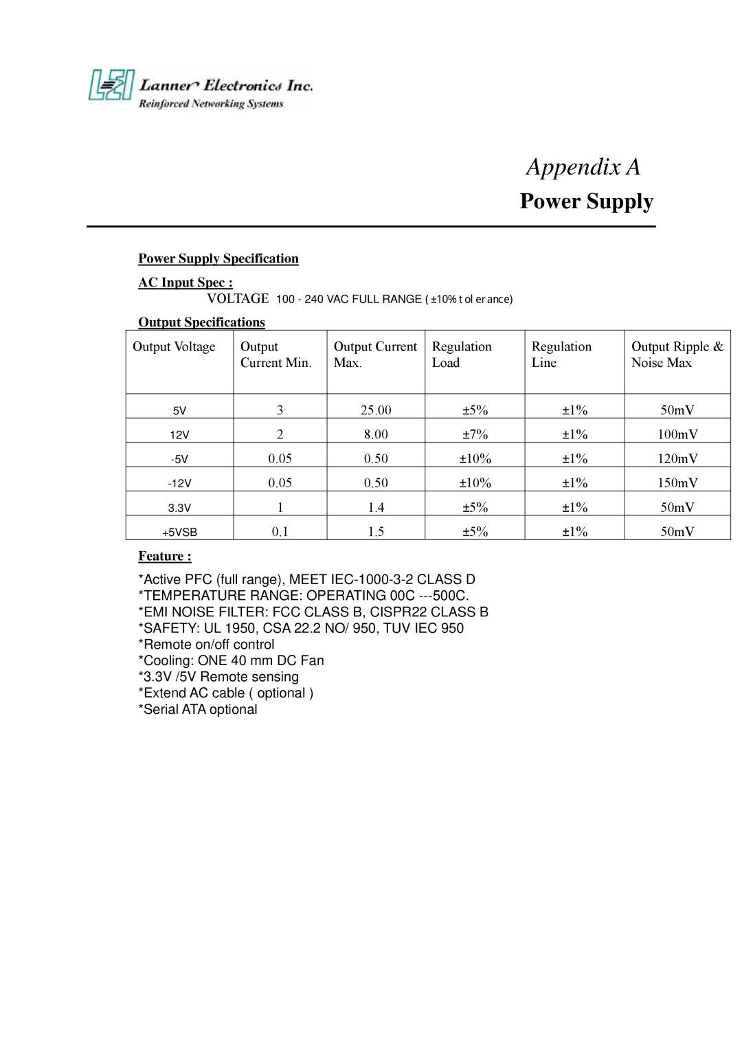 Lanner electronic FW-7650 manual Power Supply Specification, Output Specifications, Feature 